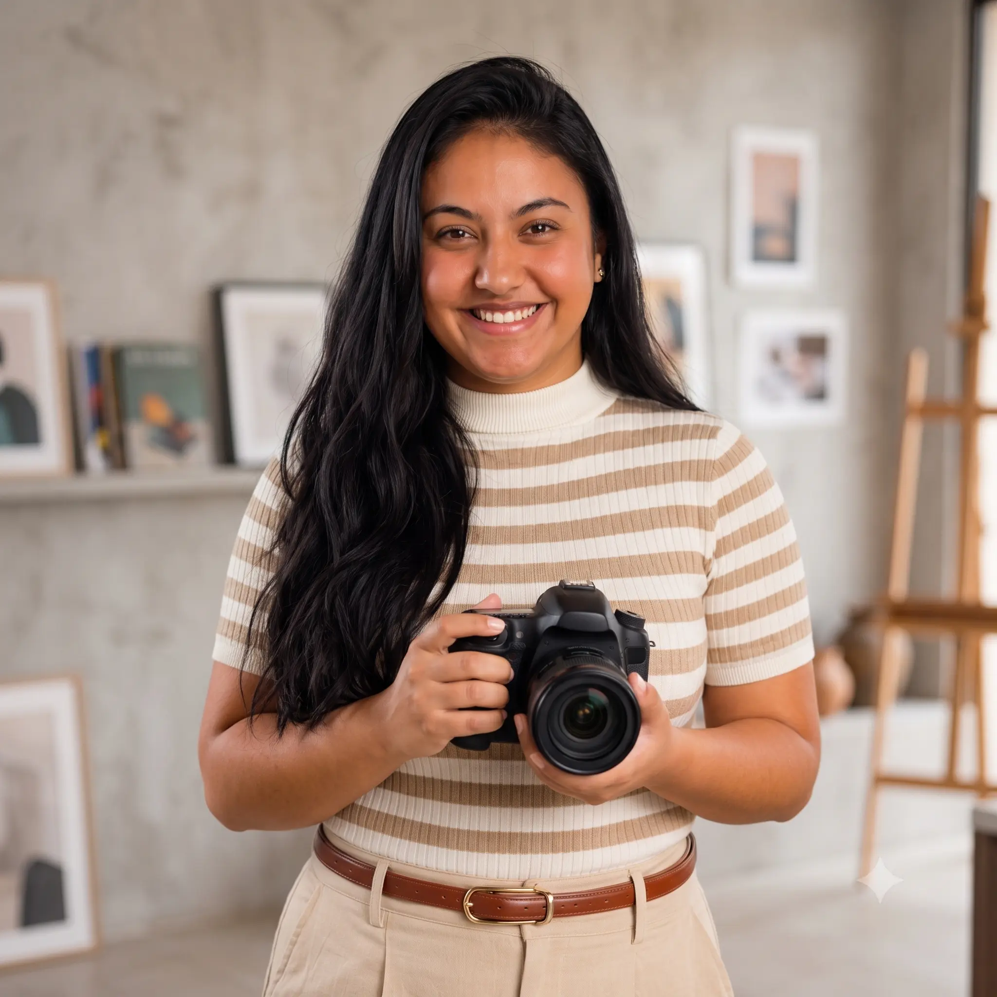Camilla Farias, fotógrafa e videomaker em Belém, segurando a câmera